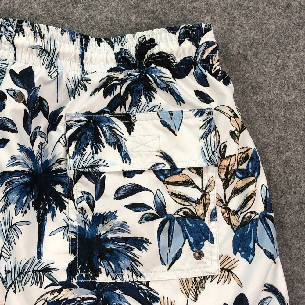 Rodd & Gunn Mens Swim Trunks XL Tropical Palm Tree Print White Navy Blue